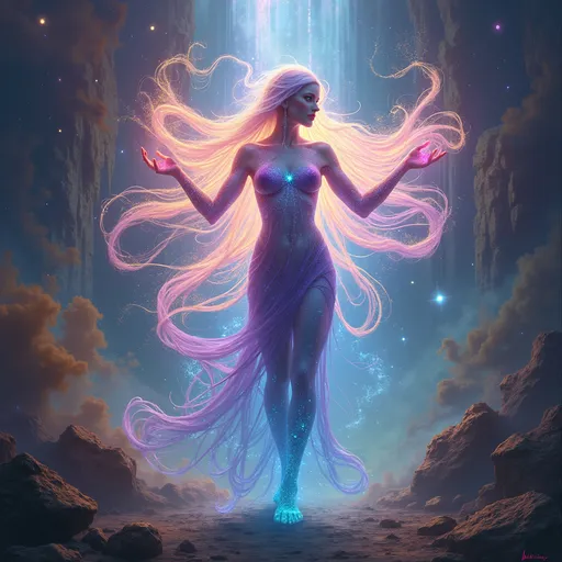 Prompt: "A radiant female Aetherborn, her translucent, opalescent body swirling with vibrant hues of violet, teal, and gold, stands at the center of a cosmic rift. Her form flickers with ephemeral light, constantly shifting as if made from living starlight. She manipulates threads of glowing aether with her elongated, delicate hands, weaving them into intricate patterns that ripple through the air like a celestial tapestry. Around her, fragments of shattered worlds float weightlessly, illuminated by a nebula that pulses with energy. Her eyes are twin galaxies, shimmering with wisdom and power, as she gazes into the infinite expanse."