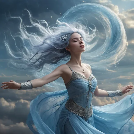 Prompt: In the realm of swirling winds and celestial skies, she dances with the grace of a tempest—the Female Air Genasi. Her ethereal presence is marked by flowing silken hair that shifts colors with the whims of the breeze, cascading around her like wisps of clouds at dawn. Her skin, a soft hue reminiscent of a clear azure sky, sparkles with an iridescence that seems to capture the essence of sunlight filtering through the atmosphere. Her eyes, vibrant and deep like stormy seas, hold a glimmer of mischievous lightning, hinting at her playful spirit and boundless energy. Adorned in robes that flutter and billow as if caught in an invisible gale, she embodies the very essence of freedom. The gentle rustle of her clothing is a soft symphony that harmonizes with the whispers of the wind. As she moves, she leaves behind a faint trail of shimmering air particles, a testament to her elemental heritage. With a voice as soothing as a gentle breeze yet commanding as a fierce gale, she wields the power of the skies at her fingertips, summoning gusts of wind or weaving protective barriers of air. Whether soaring through the heavens or playfully flirting with the clouds, this Female Air Genasi is a captivating force of nature, a living embodiment of the sky’s ever-changing beauty and the spirit of adventure that beckons from above.