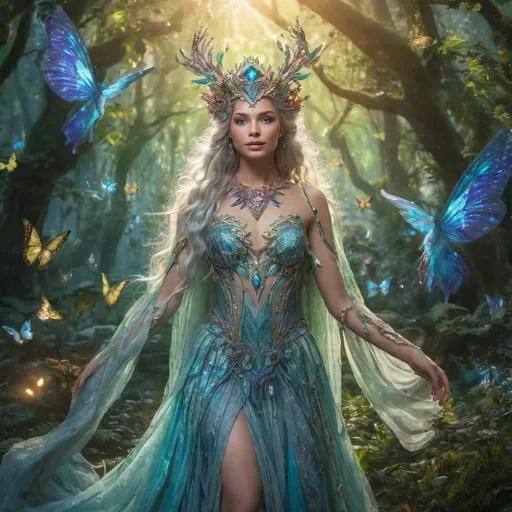 Prompt: (Goddess of magical creatures), ethereal, enchanting aura, surrounded by various of fantastical beings, vibrant and shimmering colors, mystical lighting casting soft shadows, lush enchanted forest background, whimsical atmosphere, high details, breathtaking beauty, captivating expression, celestial attire flowing gracefully, aura of power and grace, embodying nature's fantastical spirit, 4K ultra-detailed.