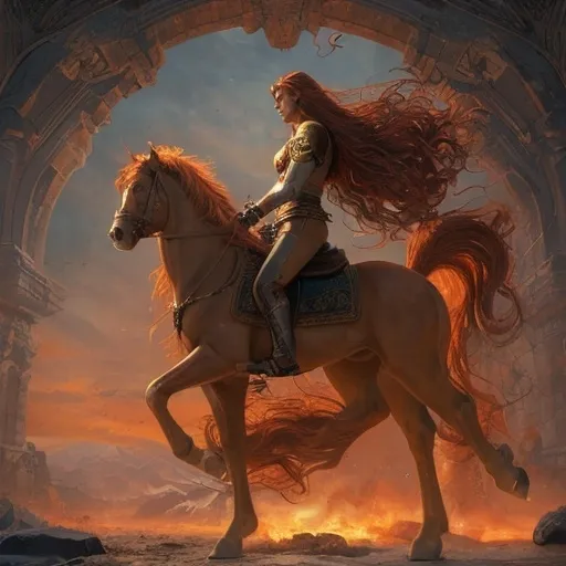 Prompt: Thalarion Sunstrider is a majestic centaur with a muscular human torso, a chiseled chest, and a proud, noble face that holds piercing emerald eyes. His skin is a deep, sun-kissed bronze, and his long, wavy hair is the color of rich chestnuts. His equine half is that of a powerful and agile stallion, with a gleaming copper coat that shimmers in the light and a flowing mane and tail that match the fiery hue of his hair. His hooves are strong and cloven, and he stands tall at nearly 10 feet in height, with a regal arch to his back and a graceful tilt to his head.