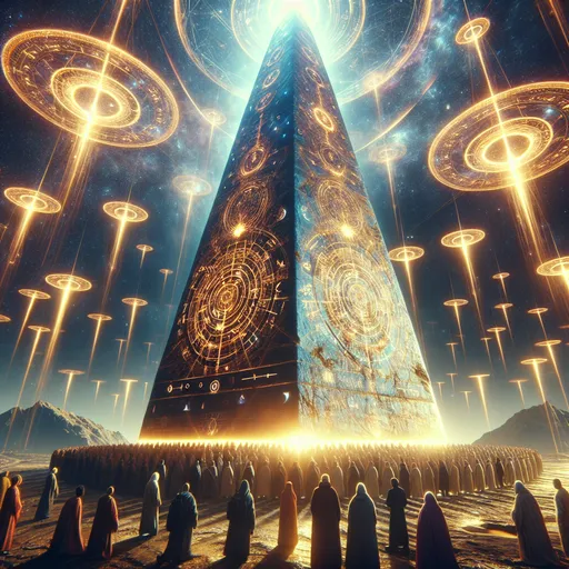 Prompt: "A massive, glowing obelisk rises into the heavens, its surface covered in ancient, pulsing runes. Beams of light shoot from its apex, connecting with other floating obelisks scattered across a distant, magical landscape. Around it, a small group of pilgrims kneels in awe as the air vibrates with the hum of cosmic energy."