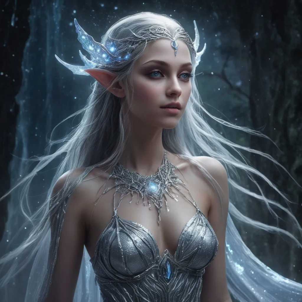 Prompt: In the shimmering realms beyond the veil of reality, the Female Astral Elf stands as a beacon of ethereal beauty and wisdom. Her skin, a delicate shade of twilight, glows with a faint luminescence, reminiscent of starlight filtering through a midnight sky. Silvery strands of hair cascade down her back like a waterfall of moonbeams, each movement leaving a trail of sparkling motes that dance in the air around her. Her large, luminous eyes, resembling twin galaxies, hold a depth of knowledge that speaks of ancient secrets and cosmic wonders. Adorned in flowing garments woven from the fabric of dreams, her attire shifts and swirls with hues of deep indigo and shimmering silver, reflecting the celestial tapestry of the universe. Delicate patterns resembling constellations and astral paths weave throughout her robes, telling tales of her journeys through the cosmos. As she moves, a serene and calming aura envelops her, drawing the weary and lost toward her like moths to a flame. With an innate connection to the celestial forces, she possesses the ability to manipulate the energies of the universe, harnessing starlight to heal or illuminate the darkest corners of existence. The Female Astral Elf is not only a guardian of the astral realms but also a wise guide for those seeking enlightenment on their own journeys through the stars. In her presence, one can’t help but feel the pull of destiny and the promise of adventure that lies beyond the horizon of the known.