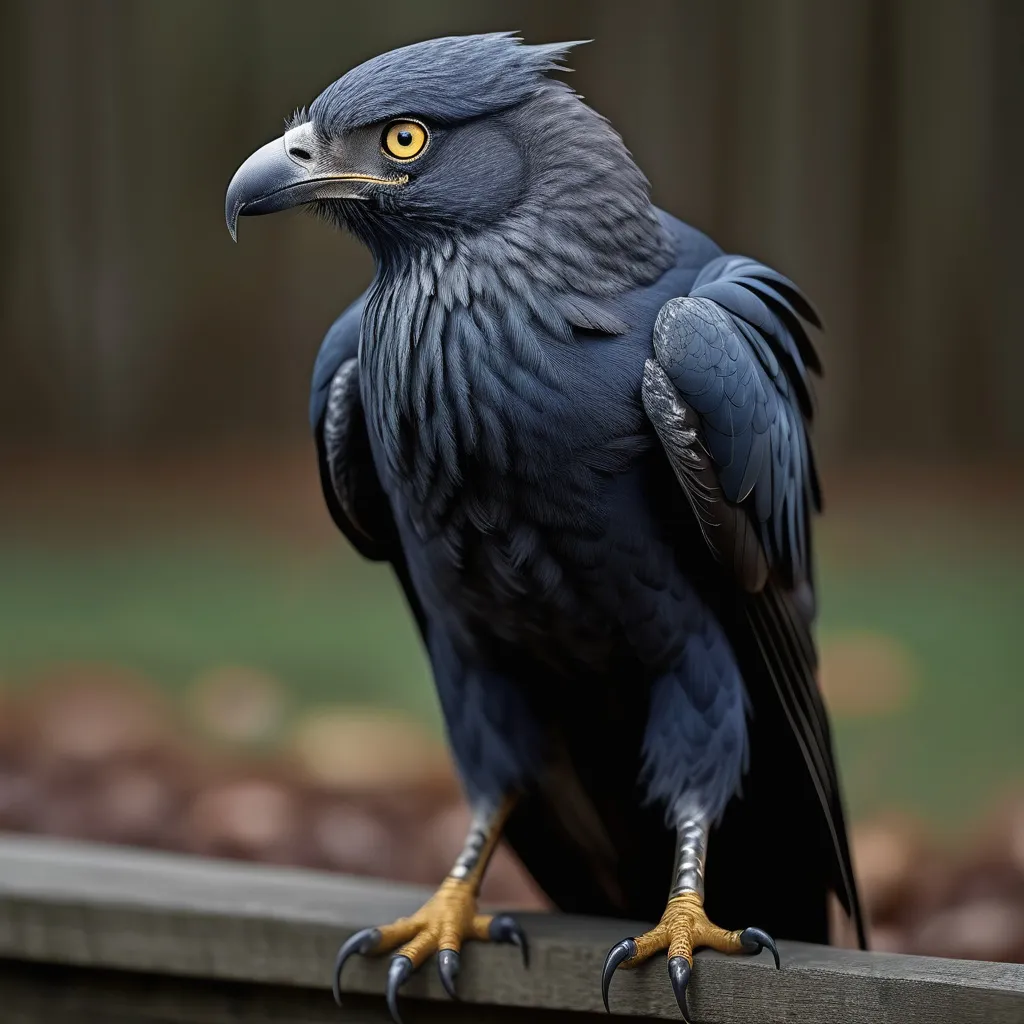 Prompt: Lean, muscular, midnight blue feathers, charcoal grey feathers, shimmering feathers, average height, 5'10", piercing yellow eyes, dawn-like eyes, mysterious aura, elegant, sharp curved beak, human-avian face, flat hooked nose, pronounced cheekbones, hawkish, sharp curved talons, simple hooded cloak, straight posture, silent steps, stealthy, graceful, masterful mimicry, rogue, Riven Flight Kenku, scholarly interest, archivist-adventurer, secret society member, Whispering Wings, charismatic, enigmatic, social chameleon, adept negotiator, deep love for knowledge, intellectual, obsessive curiosity, dry wit.