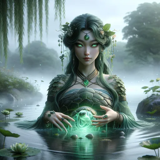 Prompt: "A graceful female kappa emerges from a tranquil, fog-shrouded lake, her presence both ethereal and commanding. Her sleek, emerald-green skin glistens with water droplets, and her turtle shell is etched with delicate, glowing sigils that ripple faintly with magic. Her long, flowing hair is braided with strands of riverweed and adorned with tiny lotus blossoms, framing her serene yet watchful expression. She wears a sash of woven silk and leaves, adorned with jade pendants and small, polished stones. In her hands, she cradles a sacred bowl filled with shimmering water, the liquid swirling as if alive, radiating an aura of healing and mystery. The surrounding landscape is serene and mystical: ancient willow trees dip their branches into the lake, koi fish swim lazily beneath the surface, and the air hums with the soft chirping of crickets. Her eyes gleam with wisdom and a connection to the natural world, embodying the essence of a guardian spirit of the waterways."