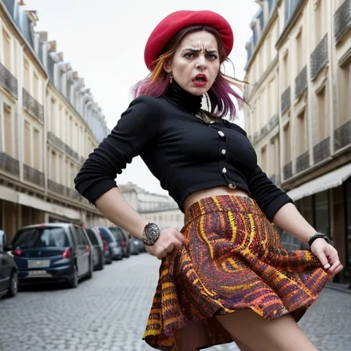 Prompt: angry french woman wearing a colorful skirt