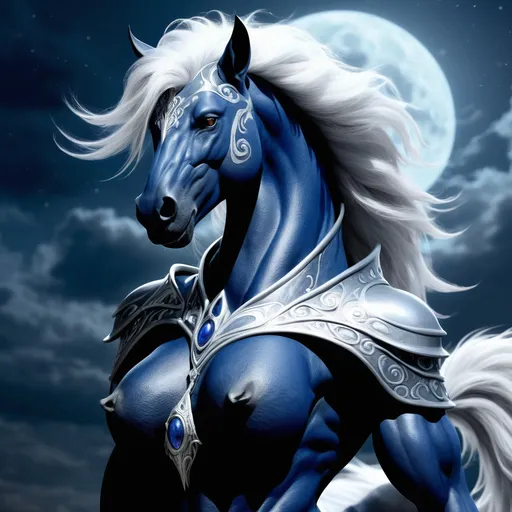 Prompt: Grahlara Stormsoul is a majestic and fearsome creature of mythic proportions. Her fur, a tumultuous blend of midnight blue and silver, shimmers in the moonlight like a tempestuous sea. Standing tall at seventeen hands, her muscular frame is built for both speed and power, with a proud, elongated neck and a fierce, equine face. Her eyes are pools of cerulean, filled with an ancient wisdom that pierces through the veil of any mortal soul. Her mane and tail are wild and untamed, made of strands of lightning that crackle and dance when she is agitated. Her horns, twisted and sharp like shards of ice, stretch proudly towards the heavens. Her hooves are the size of dinner plates, leaving behind prints that could be mistaken for the craters of a meteor shower.