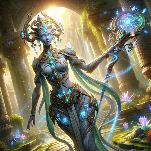 Prompt: Enchanted Female Golem of Crystal and Stone
"A majestic female golem stands in a serene, ancient temple garden, her body a masterpiece of sculpted stone and glowing crystal. Her form is humanoid but towering, with intricate engravings of arcane runes etched into her smooth, marble-like stone surface. Veins of luminous blue and violet crystals run through her arms, legs, and torso, pulsing faintly like a heartbeat. Her face is calm and regal, with glowing eyes that radiate wisdom and a soft, ethereal light.

Adorning her form are accents of gold and emerald filigree, embedded in her stone and crystal body like ceremonial armor. Her hands hold a massive staff carved from crystal and entwined with living vines, symbolizing the harmonious fusion of nature and magic. Around her, the garden is alive with cascading waterfalls, glowing flora, and floating motes of light. The setting sun casts a warm golden glow, illuminating her and the tranquil, enchanted surroundings. Despite her immense strength, her presence exudes peace, wisdom, and guardianship."