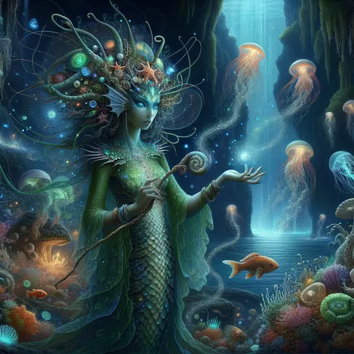 Prompt: 
The Tidecaller Oracle
"A mystical female Locathah with shimmering emerald and sapphire scales, standing on the edge of an underwater trench where glowing abyssal creatures stir. Her flowing fin-like appendages resemble delicate lace, glowing faintly with bioluminescent patterns. She wears a crown of coral adorned with pearls and tiny glowing anemones, and her eyes shine like the ocean's depths. In her hands, she holds a conch shell staff wrapped in kelp and glowing with ancient sigils. Surrounding her are swirling schools of vibrant fish and glowing jellyfish, as tendrils of magical water rise like living serpents, forming intricate shapes in the aquatic twilight."