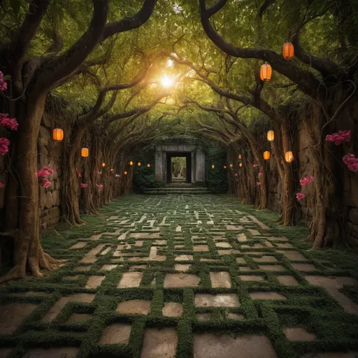 Prompt: Labyrinth of Eternal Blossoms
"A sprawling maze of stone walls covered in vines and vibrant, eternally blooming flowers stretches into the horizon. Each turn reveals unique flora, some glowing softly in the dim light of floating lanterns. At the center of the labyrinth, a massive tree with golden bark and leaves of pure light rises toward the heavens, its roots forming intricate paths through the maze. Small, glowing spirits resembling wisps guide wanderers toward or away from the tree. The sky above is a swirl of soft pastel hues, as if perpetually stuck at dusk. The mood is enchanting and serene, with intricate details on every leaf, vine, and glowing element."