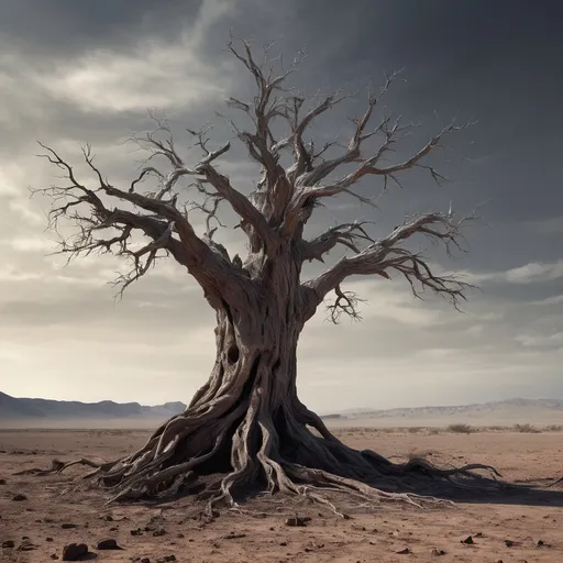 Prompt: Ashen Tree of the Forgotten Plains
"Amid a vast, barren plain covered in ashen dust and scorched earth, a lone, massive tree stands, its gnarled branches reaching skyward. The tree is petrified, its bark blackened but covered with faint, glowing veins of crimson, as if pulsing with a lingering life force. Around its roots, fragments of shattered pottery and ancient relics lie partially buried, hinting at a lost civilization. The sky is a mix of ominous dark clouds and fiery streaks of light breaking through. A lone wanderer, clad in a tattered cloak, approaches cautiously, their silhouette dwarfed by the monumental tree. The atmosphere is foreboding yet captivating, emphasizing the stark contrast between destruction and resilience."