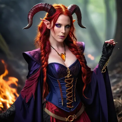 Prompt: female, Tiefling, late 20s appearance, fiery red hair, intricate braids, obsidian beads, cobalt skin, amber eyes, molten gold irises, gold-tipped horns, delicate runes, deep purple robes, flowing garments, slim corset, crimson necklace, enchanting, sorceress, arcane power, dexterous hands, magical rings, scarlet tail, fine ember-tipped tendrils, deep purple and black wings, gold-veined, Lady Inferia's daughter, Abyssal heritage, Sigil resident, Planeswalker, cosmic enchantress, socialite, powerful mage, strategic mind, charming, elite circles, dark secrets, knowledgeable, ancient tomes, forbidden rituals, untouched heart, skilled information broker, cosmic politics player, mysterious loyalties.