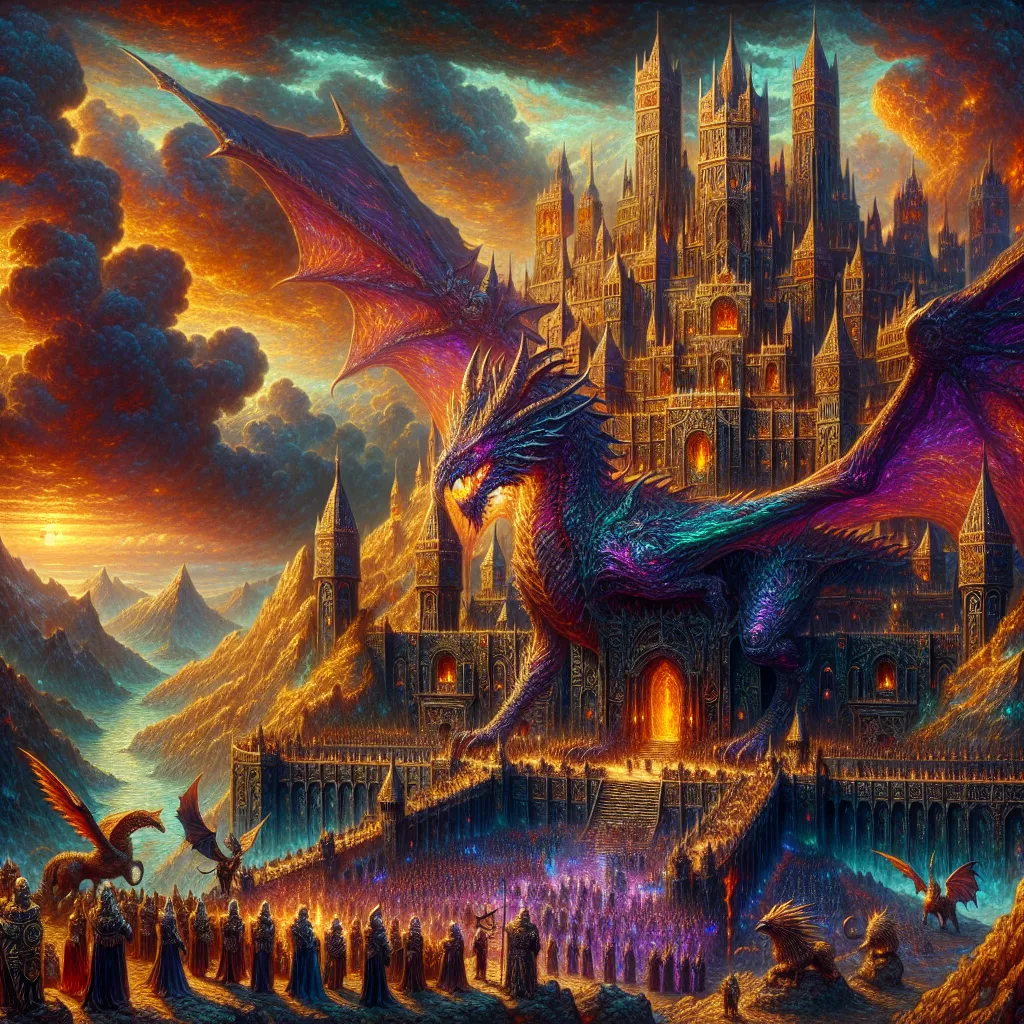 Prompt: The Dragon's Citadel
"A towering, ancient fortress built atop a jagged mountain peak, its spires glowing faintly with enchanted runes etched into black obsidian walls. At the heart of the citadel stands a colossal dragon, scales shimmering with iridescent hues of sapphire, gold, and onyx. Its wings spread wide, casting a shadow over the surrounding peaks, while its piercing eyes glow with otherworldly wisdom and power. Below, an army of armored knights, mages, and creatures—griffins, elementals, and dwarves—stand in awe or prepare for battle, their weapons and banners catching the fiery light from the dragon's breath. The sky is a swirling mix of storm clouds and vivid orange and purple streaks from a setting sun, creating a dramatic, apocalyptic backdrop. Each detail, from the intricate designs on the knights’ armor to the texture of the dragon’s scales and the cracks in the ancient citadel walls, is vividly and meticulously rendered, immersing the viewer in this epic scene of power and defiance."

