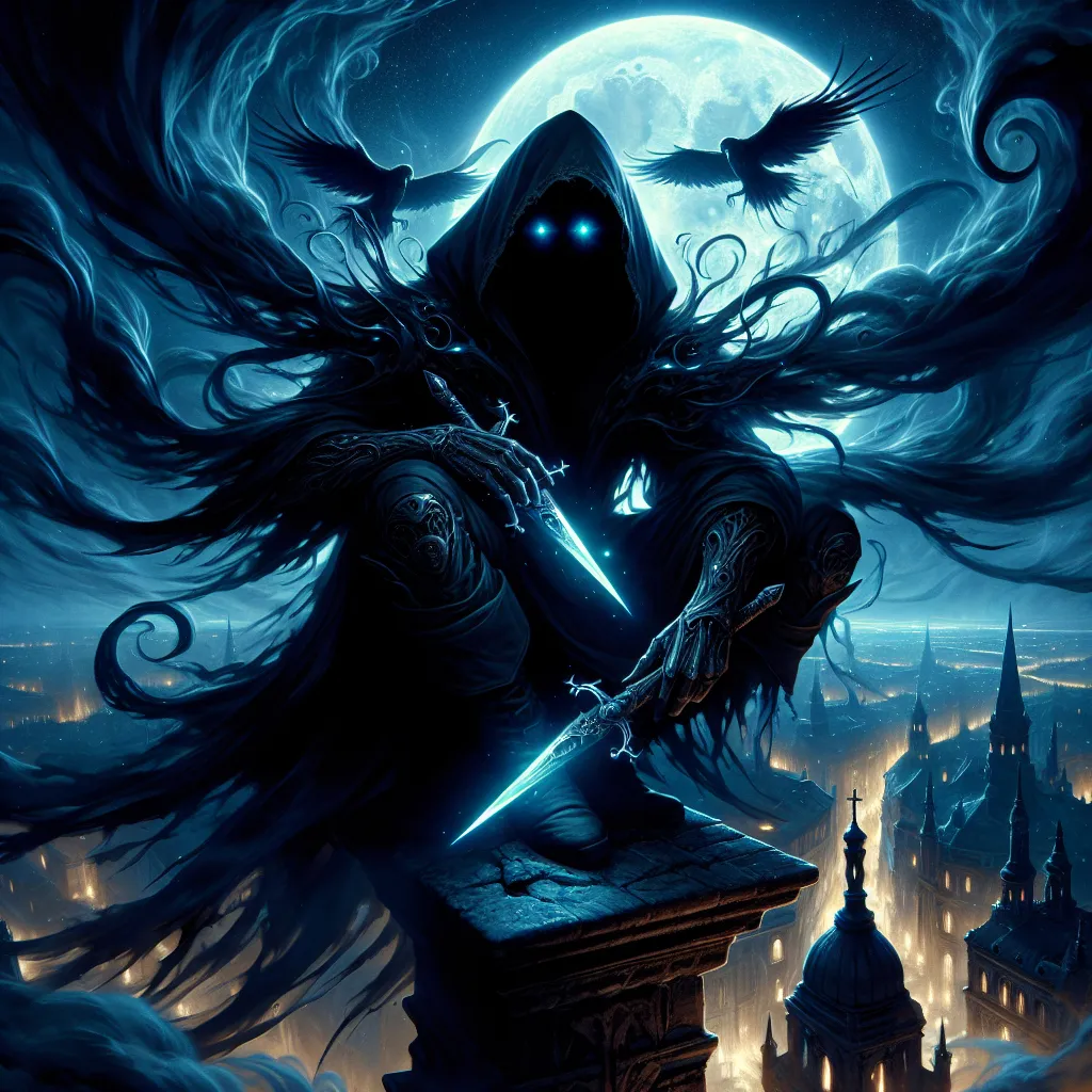 Prompt: "A mysterious figure cloaked in dark, flowing shadows crouches atop a spire overlooking a glowing, moonlit city. Twin daggers shimmer with an otherworldly blue light, and their piercing eyes glow from beneath their hood. Around them, wisps of shadow take the form of spectral ravens, blending seamlessly with the night."