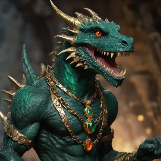 Prompt: "Kobold, male, 50 (young adult), deep emerald scales, gold and black stripes, lean muscular, 3'2" height, sprightly, black beady eyes, fiery determination, sharp teeth, long tail, Chief Artificer, volcanic cavern dweller, tinkerer, trap-maker, gold necklace with glowing gem, dragon-scale armor, pointed ears, nimble, toolbelt with gadgets, mechanical protrusions, curious gaze, charismatic, awkward charm, human technology enthusiast, dragon-slaying hero, clan loyalist, underdog supporter, clever leader."