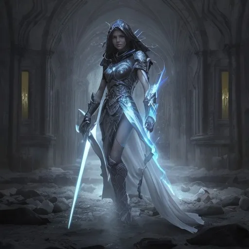 Prompt: A figure emerged from the shadows, drawn by the display of power. It was a planeswalker named Elspeth, known for her unyielding spirit and her battles against the gods. Recognizing the tempest's power, she approached Leona with caution. The Leonin warrior paused, her eyes locking with Elspeth's, and for a moment, the air was charged with tension.