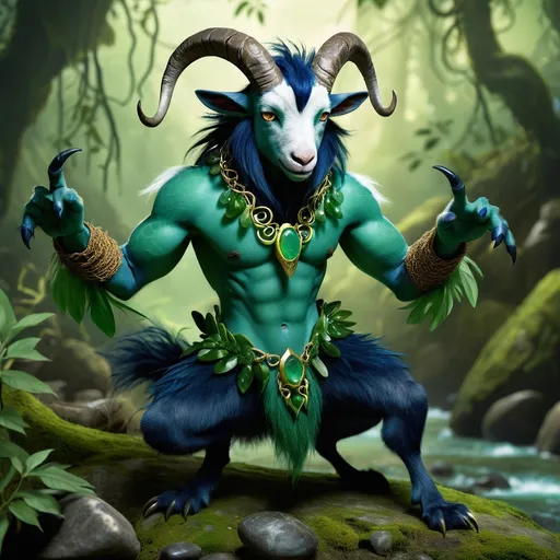 Prompt: Grung, young adult, emerald green skin, intricate jade swirls, piercing gold eyes, four arms, three-fingered hands, deep blue hair-vine mane, leaf-like armor, vineblade expert, agile hunter, goat-like lower body, shaggy fur, sturdy hooves, necklace of river stones and feathers, lean muscular build, blends with jungle, eloquent, charismatic, enigmatic, boundless curiosity, unshakeable optimism, protective of nature, cunning strategist, melodic speech, communicates with plants and animals, jungle-born, Lurue's priestess son, herbalist father's knowledge, Mezro-raised, skilled tracker.