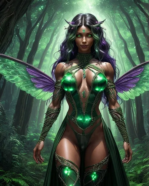 Prompt: Earth Genasi, female, 28, emerald eyes, dark green hair with crystal vines, earthy brown skin, lean athletic build, six feet tall, sharp angular features, upturned nose, knowing smile, translucent glowing green wings, leather jerkin, studded with crystals, nature-inspired attire.