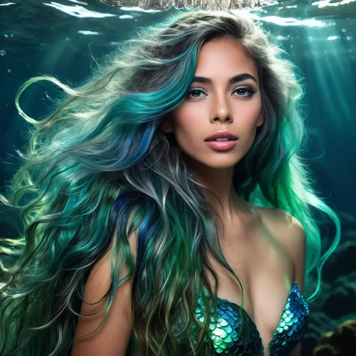 Prompt: Zephyrina Castellanos is a mesmerizing creature of the sea and land, a rare and enchanting blend of half-mermaid and half-dryad. Her long, flowing hair is a kaleidoscope of ocean hues - greens, blues, and silvers that shimmer in the sunlight and ripple in the breeze as if it were made of living seaweed. Her eyes, the size of moonstones, reflect the mysteries of the deep, holding a tranquil wisdom that whispers of ancient secrets. Her upper body is that of a graceful, toned woman, with skin kissed by the sun and freckled with saltwater droplets. Her lower half is a vibrant tail, scales shimmering with iridescence that mimics the changing surface of the ocean. The tail splits into a cascade of finned legs when she walks upon the shore, allowing her to navigate the land with surprising agility.

Her beauty is accentuated by her scant attire, a garland of seashells and pearls that adorn her bare chest, held together by the embrace of spiraling seaweed. A delicate necklace of coral and seaglass rests against her collarbone, drawing the eye to the soft curve of her neck. Her torso is adorned with intricate tattoos, each one telling a story of the ocean's whispers and the whispers of the trees she's encountered during her travels. Her legs and tail, when revealed in their full glory, are powerful and muscular, capable of propelling her through the water with the speed of a dolphin or supporting her on land with the steadiness of an ancient oak.