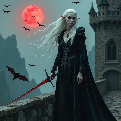 Prompt: "A hauntingly elegant Elvish-Vampire hybrid with pale, moonlit skin and long, silver hair cascading over her black velvet cloak. Her piercing crimson eyes glow faintly as she stands atop the balcony of an ancient, gothic castle, overlooking a forest shrouded in mist. She wields a slender, enchanted rapier etched with blood-red runes, its blade humming with an unholy aura. Her pointed ears peek out from beneath her hood, and her fangs glint as she smirks with an air of regal dominance. Bats swirl around her as the blood-red moon casts an eerie glow on the jagged mountains beyond."