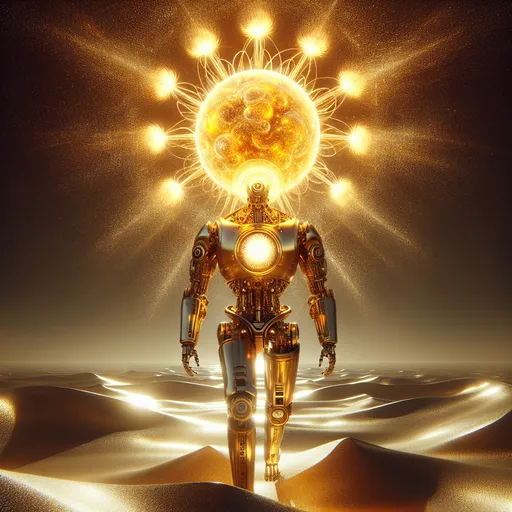 Prompt: "A giant automaton forged from molten gold and burning metal strides across a desert of glittering sand. Its core glows with the brilliance of a miniature sun, casting blinding light across the landscape. Around its head, glowing solar flares arc and dance, forming a radiant crown of unstoppable power."