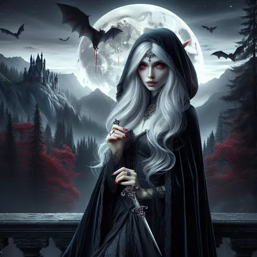 Prompt: "A hauntingly elegant Elvish-Vampire hybrid with pale, moonlit skin and long, silver hair cascading over her black velvet cloak. Her piercing crimson eyes glow faintly as she stands atop the balcony of an ancient, gothic castle, overlooking a forest shrouded in mist. She wields a slender, enchanted rapier etched with blood-red runes, its blade humming with an unholy aura. Her pointed ears peek out from beneath her hood, and her fangs glint as she smirks with an air of regal dominance. Bats swirl around her as the blood-red moon casts an eerie glow on the jagged mountains beyond."