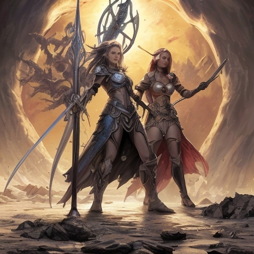 Prompt: They charged into the fray, Leona's staff a beacon of solar fury, and Elspeth's sword a gleaming arc of purity. The Phyrexians, once confident in their dominion, now cowered in the face of the elemental onslaught. The two warriors moved as one, a dance of destruction and deliverance that painted the battlefield in a symphony of light and shadow.