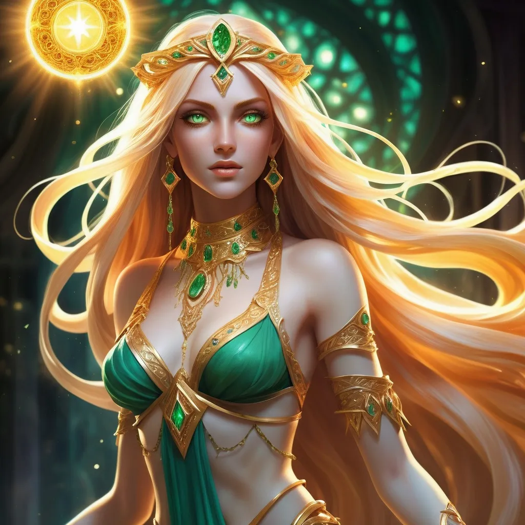 Prompt: Eliara is a slender Magi with piercing emerald eyes that seem to dance with the light of her own spells. Her skin is a soft, luminescent gold, a testament to her mastery over solar magic. Long, flowing hair the color of sunset cascades down her back, often adorned with glowing crystals that reflect her inner power. She stands tall and graceful, with a set of wings made of pure light that unfurl from her back when she taps into her elemental essence. Her garments are simple yet elegant, a blend of white and gold fabrics that shimmer in the sunlight, often accompanied by intricate, ancient runes that enhance her abilities.