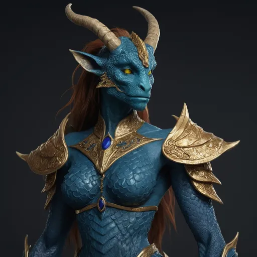 Prompt: Female, Dragonborn, 200 years old, deep azure scales, coppery mane, molten gold eyes, slender build, muscular, lithe, long tail with spade-shaped tip, translucent blue-green wings, alabaster skin, high cheekbones, strong jawline, royal horns, gold and sapphire adornments, midnight blue tunic, celestial embroidery, form-fitting breeches, gleaming longsword, radiant breath, ancient ruins upbringing, noble, stoic, passionate, sharp wit, tactful, diplomatic, fiery temper, valor, compassionate, curious, archaeologist, diverse culture appreciator, lost legacy bearer, warrior-scholar, moonlit shimmer, dragon heritage.