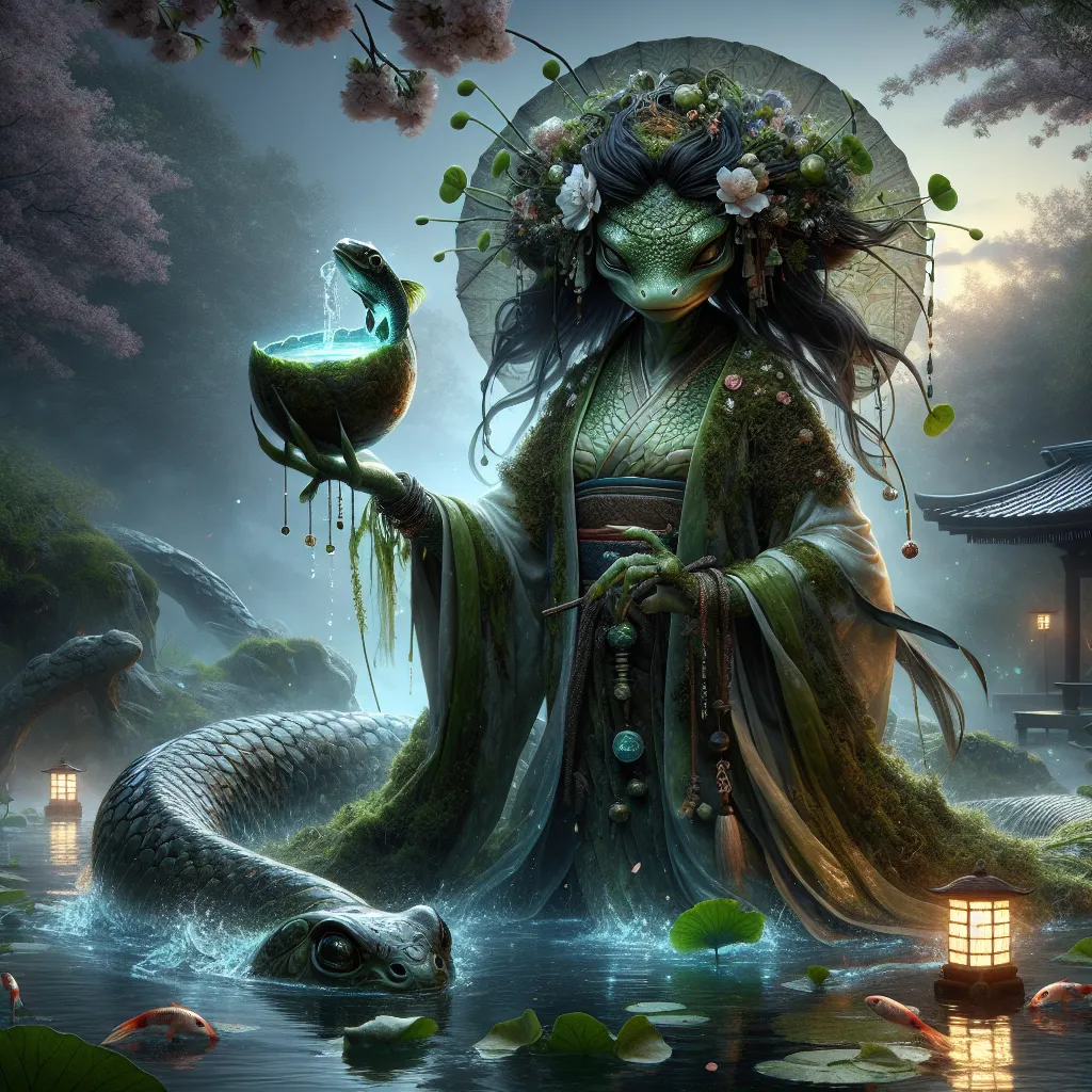 Prompt: "A graceful yet fearsome female kappa emerges from a misty riverbank at twilight, her amphibian features blending beauty and menace. Her sleek, moss-green skin glistens with water droplets, and her shell is patterned with intricate carvings of lotus flowers and flowing waves. Her dark hair is tied back with reeds and adorned with tiny white blossoms, while a shallow bowl of water rests atop her head, glowing faintly with mystical energy. She wears a flowing robe crafted from riverweed and shimmering scales, and her webbed fingers grip a ceremonial staff topped with a carved turtle effigy surrounded by dangling jade ornaments. Around her, the river shimmers with an unnatural light, and koi fish swim in patterns that seem to form ancient sigils. Cherry blossom trees line the riverbank, their petals drifting gently in the air, while a small, weathered shrine peeks out from the reeds, surrounded by offerings. Her gaze is calm yet commanding, embodying her role as a protector of waterways and the spirits they harbor."