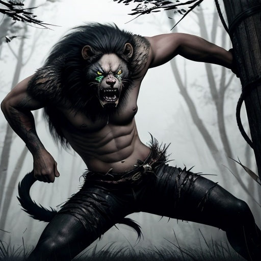 Prompt: The beast roared, a sound that seemed to shake the very trees, and swiped at her with a claw that was more blade than flesh. Leona danced aside, her tail lashing in anger. She knew that fear could be a weapon, but it could also be a prison. This creature was not just a mindless monster; it was a being, twisted by forces beyond its understanding.