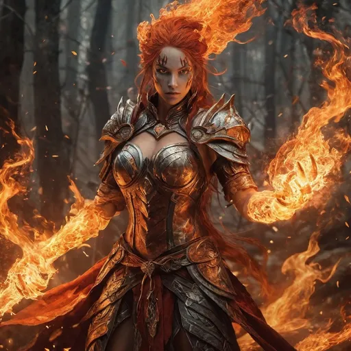 Prompt: In the realm of elemental beings, the Fire Genasi stand out as a striking embodiment of flame and fervor. With skin that shimmers in hues of molten copper and ember-like red, they radiate warmth and energy wherever they go. Their hair, a wild cascade of flickering flames, dances with an intensity that seems to pulse with their emotions, glowing brighter when they are excited or agitated. Their eyes, resembling glowing coals, burn with an ethereal light, revealing a fierce spirit that is both captivating and intimidating. Born of fire and earth, these beings possess an innate affinity for heat and flame, allowing them to conjure fire with a mere thought. Their movements are fluid and confident, as if they are always dancing with the rhythm of the blaze that flows through their veins. In battle, they unleash torrents of fire, wielding it with grace and precision, while their fiery essence grants them resistance to heat and flame, making them formidable opponents. However, beneath their fiery exterior lies a heart that longs for connection and understanding. Fire Genasi often feel the dual pull of their elemental heritage and their desire for companionship, forging bonds with those who accept their passionate nature. With their zest for life and indomitable spirit, Fire Genasi are not just wielders of flame; they are living embodiments of warmth, courage, and the untamed beauty of the wildfires that shape the world around them.