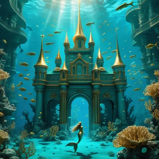 Prompt: Background: An underwater kingdom with coral towers and schools of glowing fish swimming through turquoise waters.
Action: A mermaid warrior wielding a golden trident defends the entrance to the royal palace against shadowy creatures.
Render Style: Surreal and vibrant, with a dreamlike quality.
Theme: Protection and underwater magic.