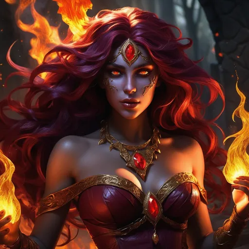 Prompt: Lysarael Nightshade is a striking figure, even among the diverse creatures of her world. Her skin is a deep, rich crimson, as if kissed by the embers of the inferno itself. Her eyes, piercing and unforgettable, gleam with a fiery gold that seems to flicker with an inner light when she is passionate or angered. Her hair is a wild mane of midnight black, adorned with intricate braids and beads that jingle softly as she moves, hinting at her nomadic past. Standing at six feet tall, she is both lithe and powerful, with the muscular grace of a predator. Her tail, a darker shade of red, is tipped with a sharp, gleaming spike that she uses with surprising dexterity. Her pointed ears, framing her sharply angled face, are adorned with piercings of gleaming silver and obsidian. Her canines are elongated and gleaming white, reminiscent of a wolf's, while her fingernails have grown into wicked claws that she keeps meticulously sharpened. Her attire is a blend of practicality and flair, consisting of supple leather armor inlaid with bone and metal, and a flowing cloak that seems to dance around her as if alive with shadow.