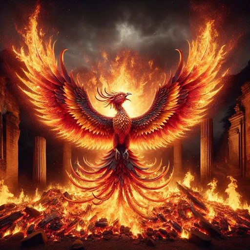 Prompt: "A fiery phoenix rises from a bed of glowing embers, its wings unfurling in a brilliant explosion of flame and ash. Its feathers radiate vibrant hues of red, gold, and orange, while embers swirl around it like a fiery halo. The ruins of an ancient temple burn below, illuminated by the phoenix's radiant glow."