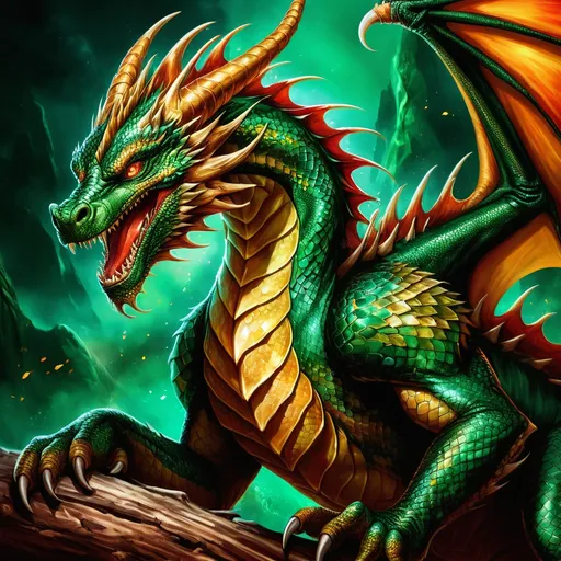 Prompt: Castor is an ancient dragon whose scales have long since lost their fiery luster, now shimmering in hues of gold and emerald. His body stretches over a hundred feet in length, with a muscular frame that speaks of a past filled with battles and adventures. His eyes, once a fiery crimson, have dimmed to a wise and knowing amber, reflecting the depths of knowledge and experiences he has amassed over his long lifespan. His wings, despite their grandeur, are tattered at the edges, bearing the scars of time and countless flights through stormy skies. A long, white beard cascades from his chin, adorned with intricate beads and charms that whisper of forgotten lore and ancient secrets. Castor's tail, once a powerful weapon, now drags gently on the ground, its tip curled up slightly, hinting at his contemplative and scholarly nature.