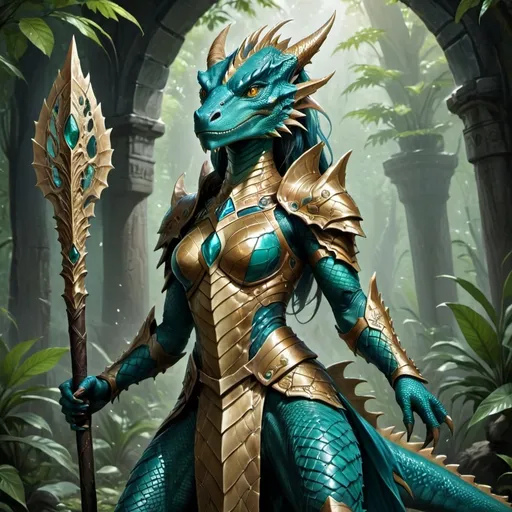 Prompt: Ss'thara Ss'kara is a majestic Lizardmen warrior queen, standing tall at a formidable height of 8 feet. Her scales shimmer in an intricate pattern of emerald greens and gilded golds, reflecting the sunlight that filters through the dense canopy of the ancient swamp she calls home. Her eyes, the color of molten amber, are sharp and piercing, capable of spotting prey from great distances. A regal crest of azure scales runs from her forehead to the base of her neck, signifying her royal lineage. Her tail, a powerful and versatile tool, is adorned with gleaming gold and jewel-encrusted rings, each telling a story of her valorous battles. Her muscular physique is a testament to her prowess in combat, yet she moves with an unmatched grace that belies her deadly capabilities. Ss'thara wields a weapon of ancient design: a ceremonial staff forged from the bone of a colossal swamp dragon, intricately carved and inlaid with precious materials, symbolizing her status as both a fierce protector and a wise leader. Her attire is minimalistic yet elegant, consisting of strategically placed armor plates made from the same dragon's scales, leaving most of her lithe body uncovered to showcase her natural armor and the battle-scarred history etched upon her. Her long, clawed fingers and toes end in sharp, gleaming talons that she keeps meticulously maintained. Her face, while reptilian, holds an unexpected softness to it, with delicate ridges framing her high cheekbones and a set of sharp, yet sensual, lips that can curve into a comforting smile or a terrifying snarl. Her movements exude an aura of both nobility and primal power.