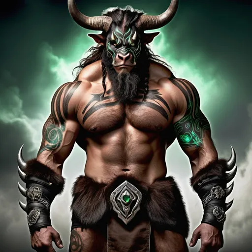 Prompt: - Gender: Male - Race: Minotaur - Age: 200 - Visual Appearance: Towering, deep brown fur, silver-stranded, piercing emerald eyes, braided beard, gleaming obsidian-tipped horns, powerful muscles, ancient storm god brand, scarred and tattooed skin, intricate tattoos, battle-worn - Attributes: 8 feet tall, warrior build, graceful movement, elite guard training, ancient secrets knowledge, transformed by tempest god, storm elemental power, lightning eyes, thunderous roar - Accessories: None explicitly mentioned - Background: Thunderhoof clan, Great Labyrinth, ancient pantheon, Aeolus' avatar, protector of innocents, legendary traveler, champion of the oppressed - Personality: fierce loyalty, gentle soul, wise, explosive temper, natural leader, soft spot for underdogs, serious about oaths, enjoys contemplation, studies ancient tomes, riddle enthusiast