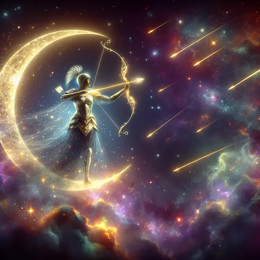 Prompt: "A radiant archer clad in armor made of shimmering starlight, standing atop a glowing crescent moon. Her bow, made of pure light, fires arrows that carve trails of constellations into the night sky. Around her, meteors streak across a vast expanse of cosmic clouds, while distant galaxies swirl in vibrant colors."