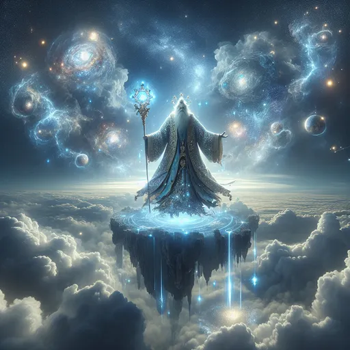 Prompt: "A celestial figure stands on a floating island high above the clouds, surrounded by glowing fragments of fallen stars. Their robes shimmer with constellations, and their staff, carved from a meteorite, glows faintly blue. As they chant, streams of starlight descend from the heavens, reshaping the world below with cosmic energy."