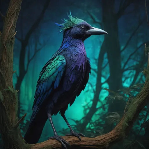 Prompt: In the heart of a sprawling, enchanted forest, emerges a male Kenku—a mysterious, avian humanoid with a striking presence. Standing at an average height, his slender frame is cloaked in deep hues of midnight blue and emerald green, reminiscent of the twilight sky. Feathers glisten with an iridescent sheen, catching the light as he moves, while delicate, elongated wings fold gracefully against his back. His sharp, beady eyes glint with intelligence and mischief, reflecting a world full of secrets waiting to be uncovered. This Kenku is adorned with an eclectic mix of tattered leather armor and vibrant, handwoven sashes that tell tales of his adventures. Each piece is imbued with charm, bearing the marks of his journeys—scars from battles fought and trinkets collected from the remnants of forgotten realms. His beak, a striking contrast of obsidian black, is capable of mimicking any sound he hears, granting him the unique ability to communicate through the voices of others, weaving stories that enchant and bewilder. Wielding a slender dagger crafted from a shimmering metal unknown to most, he navigates the world with deftness and agility, his every step a silent dance upon the forest floor. With a penchant for wanderlust and an insatiable curiosity, this male Kenku is not just a creature of shadow; he is a bard of the wilderness, a scavenger of stories, and a keeper of the whispers that echo through the ancient trees. In his presence, one cannot help but feel the thrum of magic in the air—a reminder that in the realm of fantasy, adventure is always just a heartbeat away.