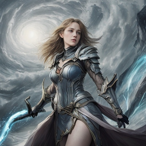 Prompt: Leona took a deep breath, feeling the tempest coil around her like a living shield. She whispered the incantation that had become as natural to her as breathing, and the wind picked up, swirling into a maelstrom of pure energy at her command. Elspeth, ever the cautious tactician, surveyed the battlefield with a keen eye, her sword at the ready.