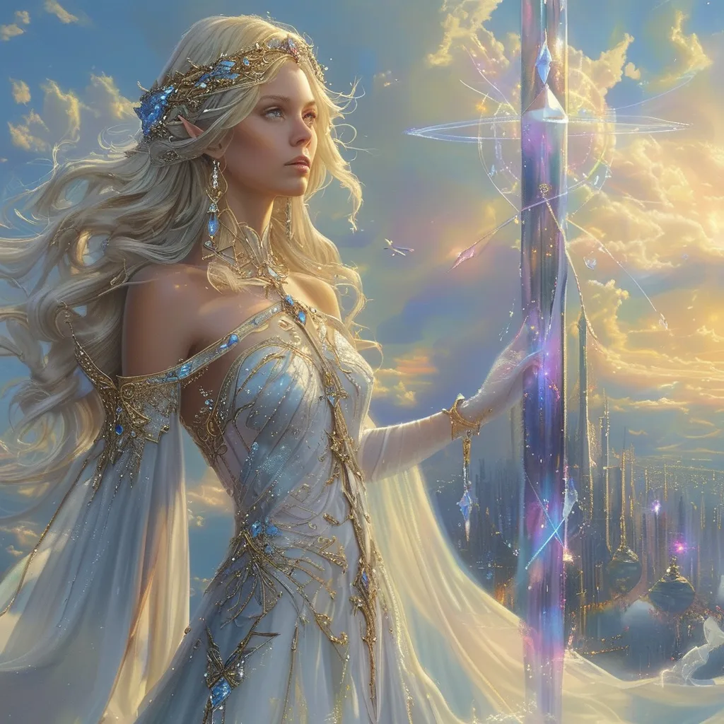 Prompt: "A regal female High Elf with flowing platinum-blonde hair adorned with a circlet of sapphire and gold, standing at the apex of a towering, crystalline spire. Her robes, a blend of shimmering white and iridescent silver, flow like liquid light as she channels an immense arcane spell. In her hands, she cradles a staff of pure diamond, its tip glowing with a pulsating orb that radiates celestial energy. The sky around her is painted with auroras of blue and gold, and below, an intricate city of alabaster and crystal reflects the brilliance of her magic. Her piercing emerald eyes shine with both wisdom and an unyielding determination."