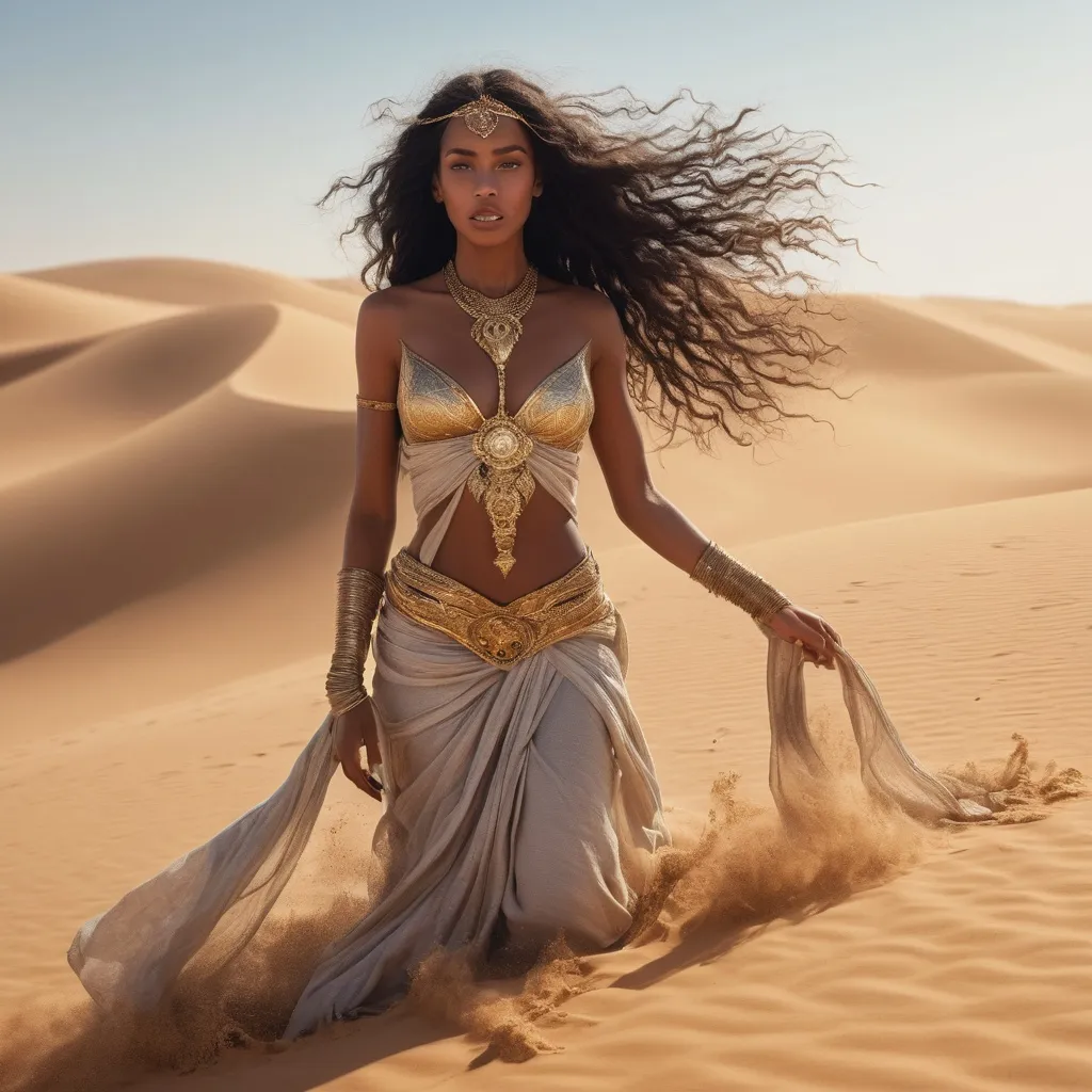 Prompt: In the heart of the ancient desert, where the sands shimmer like gold under the blazing sun, lies the ethereal realm of the female Jinn, known as Aaliyah. With her luminous, silken skin that glows like moonlight, she moves effortlessly through the shifting dunes, leaving behind a trail of sparkling dust that dances in the wind. Her long, flowing hair, as dark as the midnight sky, cascades around her shoulders, adorned with intricate silver ornaments that catch the light and glimmer like stars. Aaliyah possesses an enchanting presence, her eyes swirling with shades of emerald and sapphire, reflecting the depth of her wisdom and the secrets of the universe. Known for her mischievous spirit and kind heart, she has the ability to grant wishes, but not without a playful twist. Each wish comes wrapped in riddles and challenges that test the courage and creativity of those who seek her favor. In her mystical domain, Aaliyah commands the elements, summoning sandstorms with a flick of her wrist or calming the fiercest winds with a gentle whisper. She is a protector of the fragile balance between the mortal realm and the world of magic, guiding lost souls and offering counsel to those in need. With her unparalleled beauty and boundless power, Aaliyah embodies the enchanting allure of the Jinn, where every encounter becomes a tale woven with wonder and possibility.