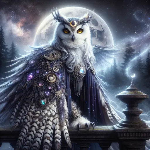 Prompt: Female Owlin Oracle
"A regal female Owlin stands perched on an ancient stone balcony overlooking a misty, moonlit forest. Her feathers are a mix of snowy white and deep silver, shimmering faintly in the moonlight. Her large, luminous golden eyes glow with an otherworldly wisdom, and her gaze is both piercing and serene. She wears flowing robes of deep indigo and violet, adorned with intricate celestial patterns and shimmering threads that resemble constellations. A delicate circlet of silver and moonstone rests upon her head, enhancing her mystical presence.

In one taloned hand, she holds an elegant staff topped with a glowing crescent moon, while the other hand extends outward, conjuring a swirl of glowing stardust and arcane symbols. The sky above is a dazzling tapestry of stars, with shooting comets streaking across the heavens. Around her, glowing moths and magical wisps hover in the air, casting a gentle radiance. The balcony is carved with ancient runes, and the misty forest below hints at a world filled with secrets and magic."