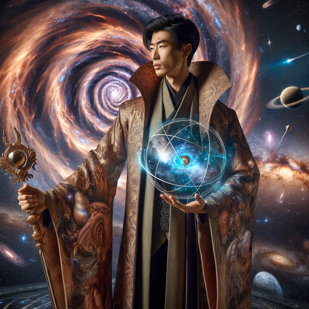 Prompt: The Cosmic Wizard
"A powerful wizard standing at the edge of a spiraling black hole, wearing a robe made of galaxies and stars. In one hand, the wizard holds a glowing orb containing an entire miniature universe, and in the other, a staff that seems to distort space-time. The background is an infinite expanse of cosmic wonders."