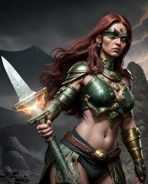 Prompt: Female Cyclops, 31 years old, emerald eye, fiery hair, deep earth-tone skin, strong nose, full lips, brass gauntlet, arcane tattoos, muscular, graceful, ancient knowledge guardian, blacksmith, volcanic homelands, elemental sword creator, legendary, paradox of strength and wisdom, curious, empathetic, sharp wit, diplomatic, tradition preserver, protective, culturally aware, unshakeable confidence, humble leader, piercing gaze.