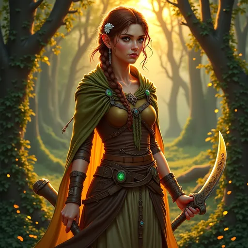 Prompt: "A striking female half-elf with sun-kissed skin and chestnut hair braided with wildflowers, standing amidst an ancient grove bathed in the warm glow of twilight. Her piercing hazel eyes glimmer with both elven grace and human determination. She wears a leather tunic adorned with intricate carvings of vines and leaves, paired with a cloak that shimmers like a fading sunset. In one hand, she holds a curved, enchanted scimitar that glows faintly green, and in the other, a wooden talisman carved with druidic runes. Around her, the grove seems alive — trees sway gently as glowing wisps of light float through the air, casting an otherworldly aura over the sacred space."