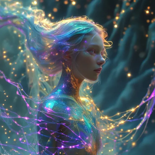 Prompt: "A radiant female Aetherborn, her translucent, opalescent body swirling with vibrant hues of violet, teal, and gold, stands at the center of a cosmic rift. Her form flickers with ephemeral light, constantly shifting as if made from living starlight. She manipulates threads of glowing aether with her elongated, delicate hands, weaving them into intricate patterns that ripple through the air like a celestial tapestry. Around her, fragments of shattered worlds float weightlessly, illuminated by a nebula that pulses with energy. Her eyes are twin galaxies, shimmering with wisdom and power, as she gazes into the infinite expanse."