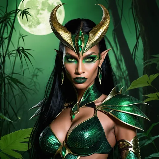 Prompt: Tiamat Zara'thara is a commanding presence among her kin, standing tall at nearly seven feet with a sleek, emerald green scaled body that shimmers under the moonlit swamp. Her eyes are a piercing gold, reflecting the wisdom and cunning of her long years. Her face is a harmonious blend of reptilian and regal, with high cheekbones and a sharp jawline that speaks of her warrior heritage. A crown of iridescent feathers and polished bones, the colors of her clan, rests upon her head, a symbol of her leadership and the countless battles she has won. Her tail, muscular and prehensile, is adorned with intricate tribal tattoos, each telling a story of her past victories and the enemies she has slain. Her body is lean and powerful, a testament to her life spent navigating the treacherous waters of the swamp and the battles she has fought to protect her people. Her hands and feet end in sharp claws, which she wields with the grace of a dancer and the precision of a surgeon. When she walks, it is with a silent, predatory grace that belies her fearsome nature. Her armor, fashioned from the hides of mighty beasts and ancient metal artifacts, is both functional and beautiful, a testament to the craftsmanship of her people.