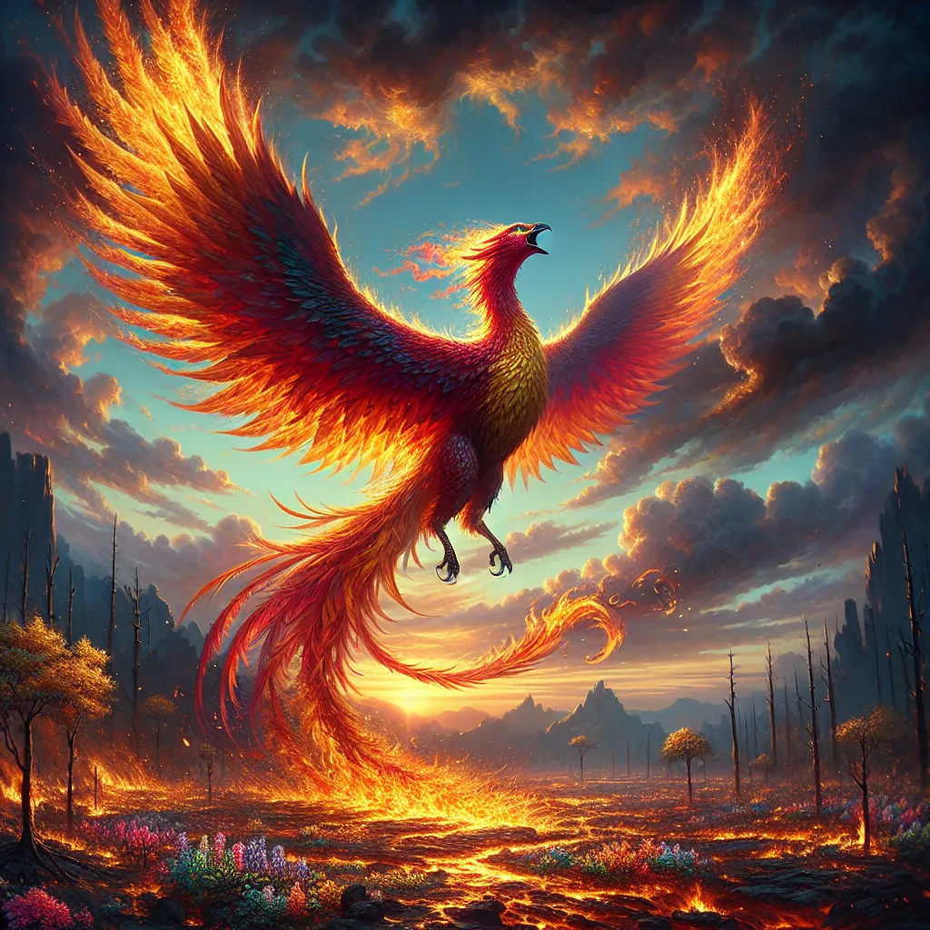 Prompt: "A majestic phoenix, larger than life, soars through a sky ablaze with the colors of dawn. Its feathers shimmer with hues of gold, red, and orange, and embers trail behind it as it ascends. Below, a once-devastated landscape bursts into life, flowers blooming and trees sprouting in the wake of its fiery flight."